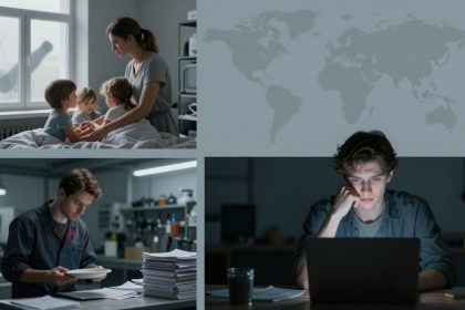 Top left: A woman and two children sitting on a bed near a window, engaged in conversation. Bottom left: A man in a dark jacket holding a bowl, standing by a stack of papers in a well-lit room. Right: A man focused on a laptop in a dimly lit room, with a world map in the background.