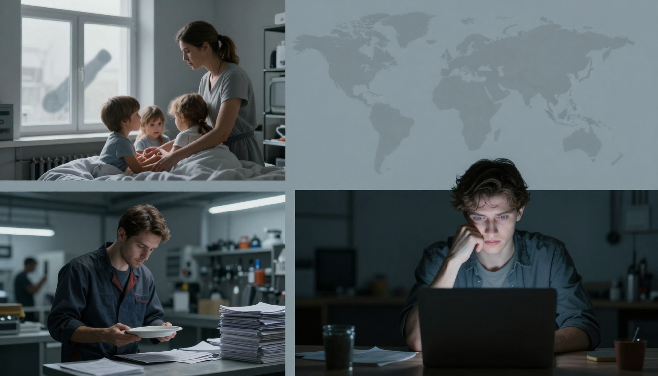 Top left: A woman and two children sitting on a bed near a window, engaged in conversation. Bottom left: A man in a dark jacket holding a bowl, standing by a stack of papers in a well-lit room. Right: A man focused on a laptop in a dimly lit room, with a world map in the background.