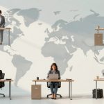 Five individuals in business attire work at separate desks with laptops, set against a large world map background. Each desk has a chair and a small filing cabinet.