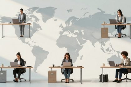 Five individuals in business attire work at separate desks with laptops, set against a large world map background. Each desk has a chair and a small filing cabinet.