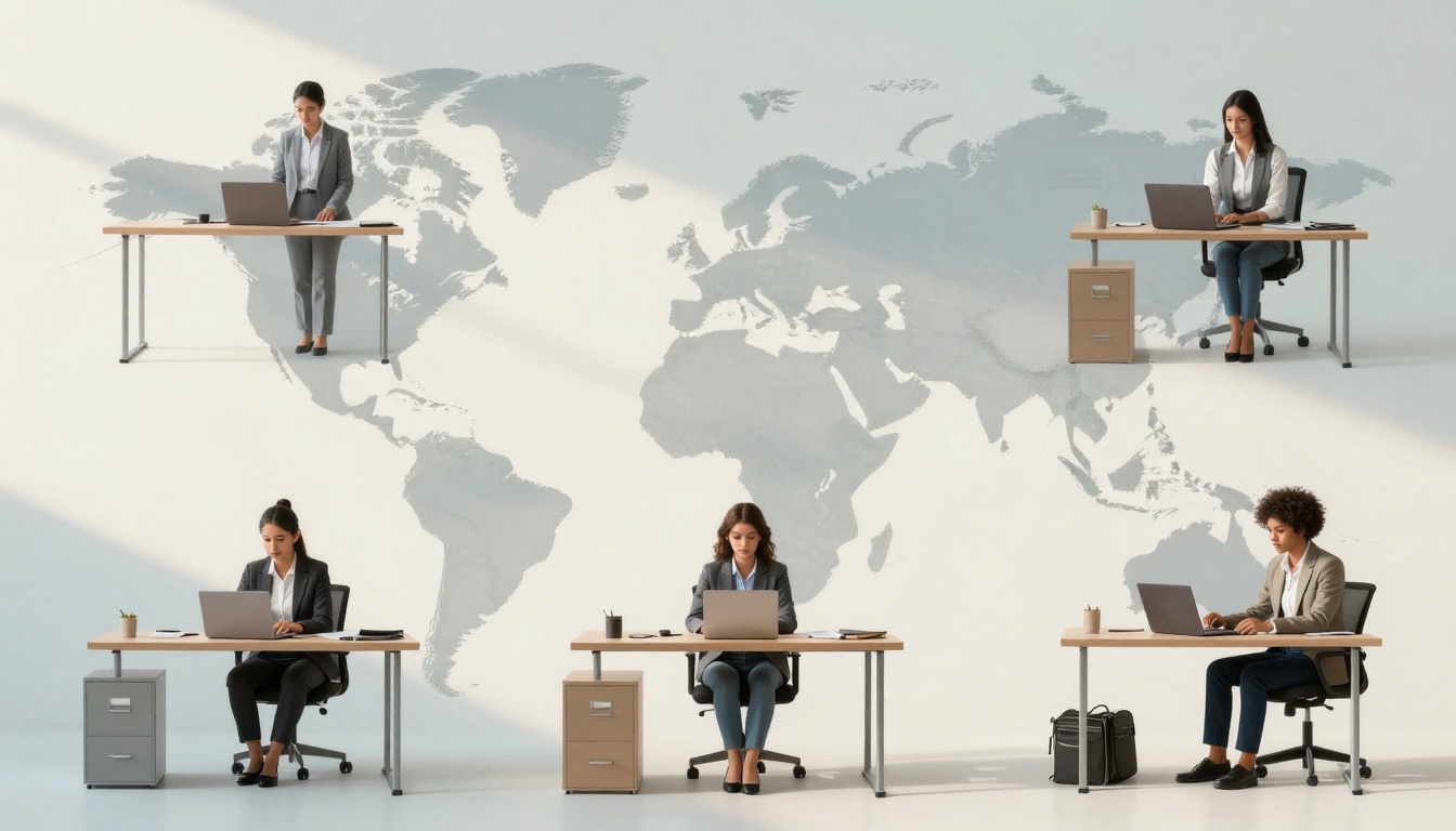 Five individuals in business attire work at separate desks with laptops, set against a large world map background. Each desk has a chair and a small filing cabinet.