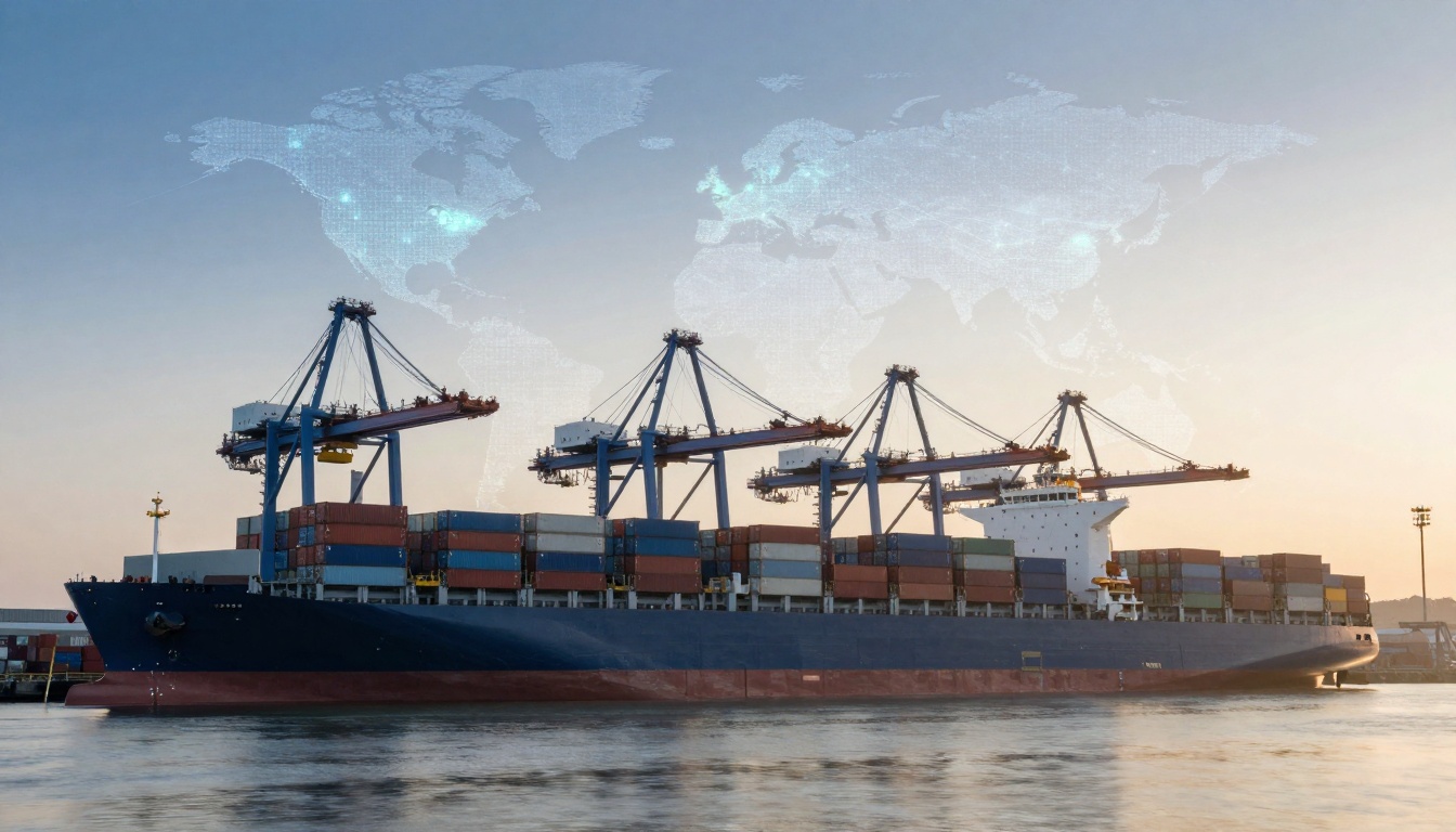 A large cargo ship loaded with multicolored shipping containers is docked at a port with cranes. A world map overlay is visible in the sky.