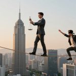 Two men in suits balance on a tightrope high above a cityscape. One holds scales, while the other is blindfolded. Skyscrapers are in the background.
