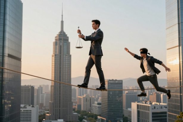 Two men in suits balance on a tightrope high above a cityscape. One holds scales, while the other is blindfolded. Skyscrapers are in the background.