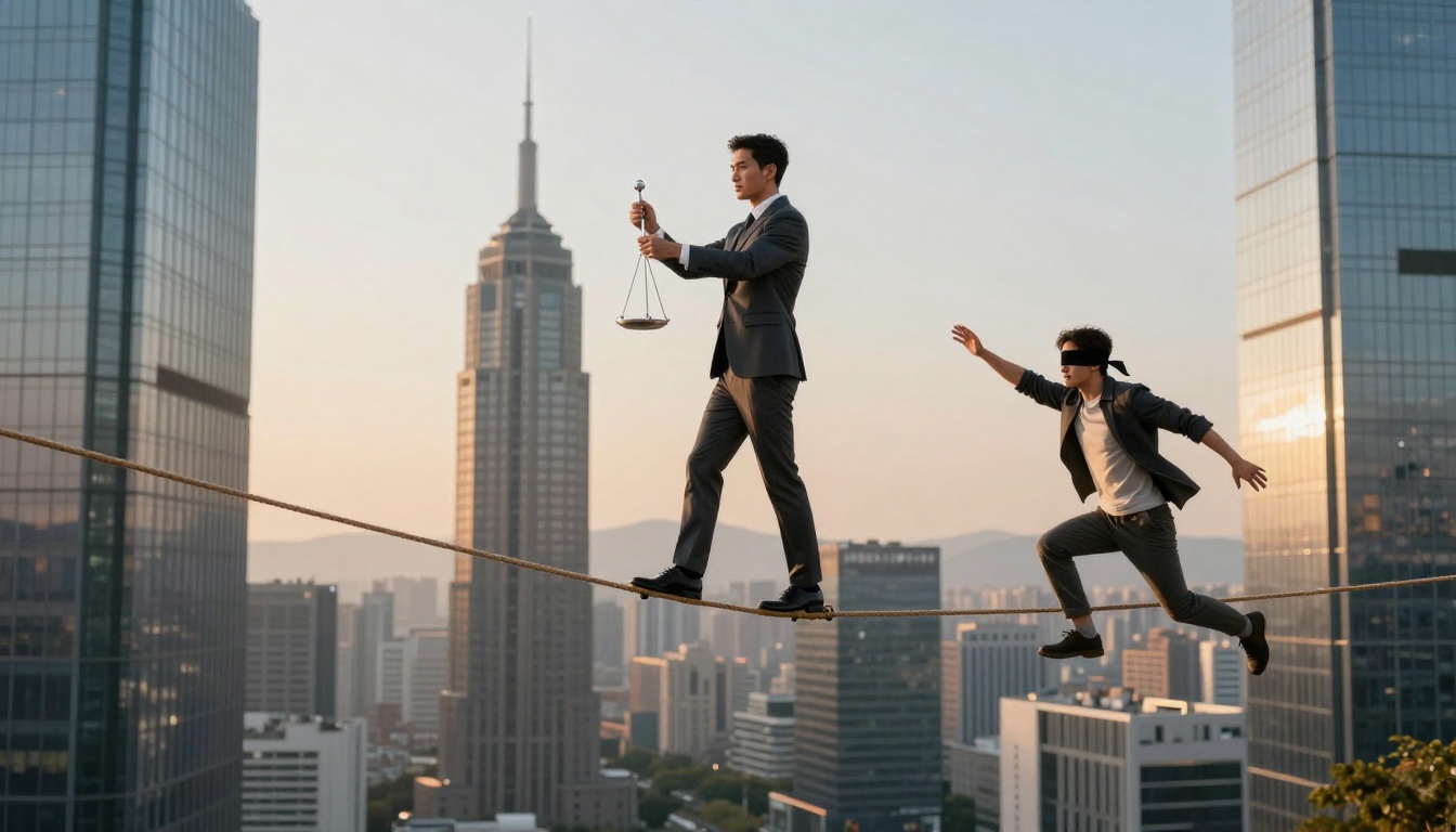 Two men in suits balance on a tightrope high above a cityscape. One holds scales, while the other is blindfolded. Skyscrapers are in the background.