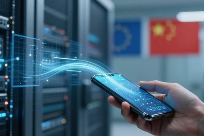 A hand holds a smartphone in a server room. Blue digital data streams connect the phone to nearby servers. Two flags are visible in the background.