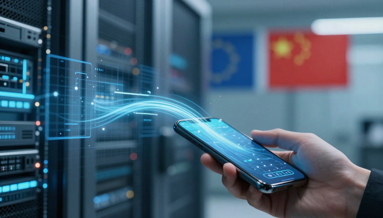 A hand holds a smartphone in a server room. Blue digital data streams connect the phone to nearby servers. Two flags are visible in the background.