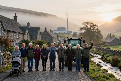 A group of eleven people stands on a cobblestone street in front of stone cottages. They are smiling, with one person waving. A tractor is parked behind them. The setting is rural with a stream, grassy areas, and hills in the background. The sun is setting, creating a warm glow.