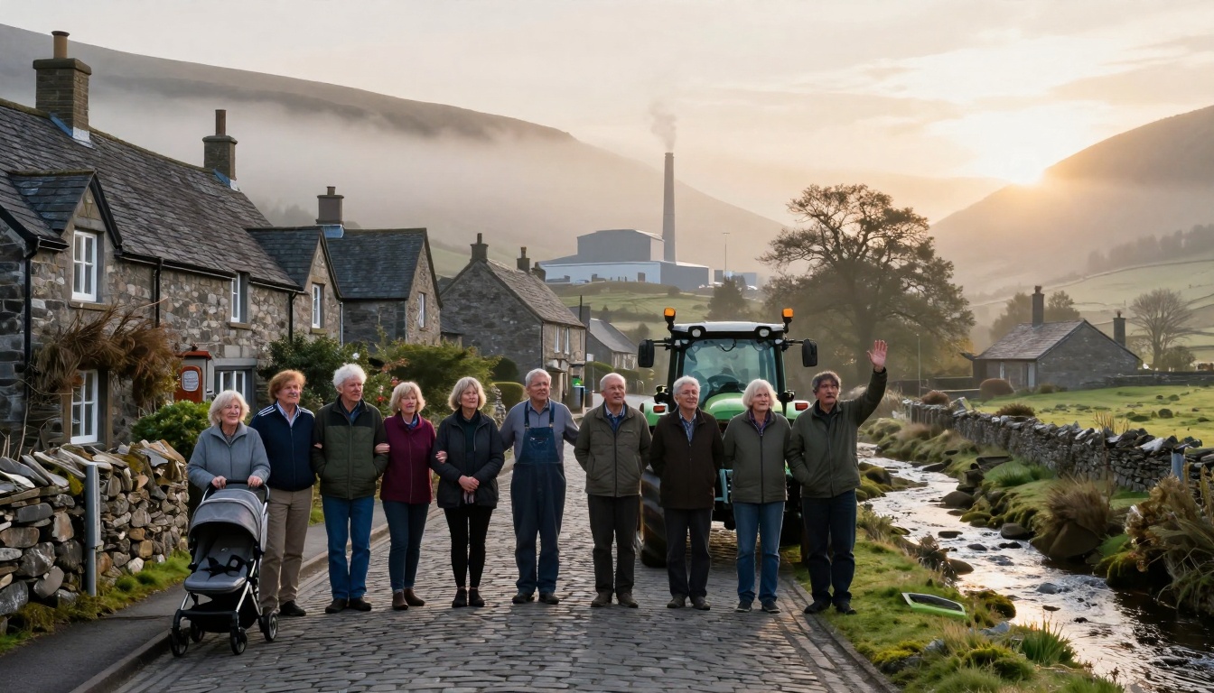 A group of eleven people stands on a cobblestone street in front of stone cottages. They are smiling, with one person waving. A tractor is parked behind them. The setting is rural with a stream, grassy areas, and hills in the background. The sun is setting, creating a warm glow.