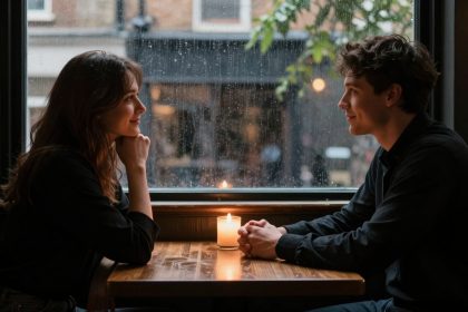 A man and woman sit across from each other at a wooden table in a dimly lit cafe. A lit candle is in the center. Rain falls outside the window behind them. They are smiling and making eye contact.