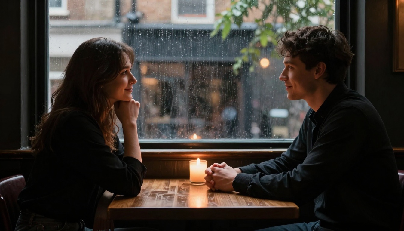 A man and woman sit across from each other at a wooden table in a dimly lit cafe. A lit candle is in the center. Rain falls outside the window behind them. They are smiling and making eye contact.