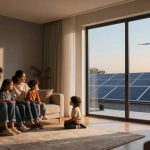 A family of five sits on a living room sofa, with a child seated on the floor. Sunlight streams through a large window, revealing solar panels and a wind turbine outside. Candles and a plant decorate the room, creating a warm ambiance.
