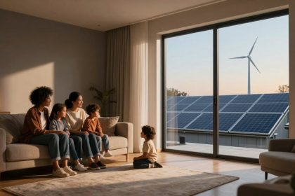 A family of five sits on a living room sofa, with a child seated on the floor. Sunlight streams through a large window, revealing solar panels and a wind turbine outside. Candles and a plant decorate the room, creating a warm ambiance.