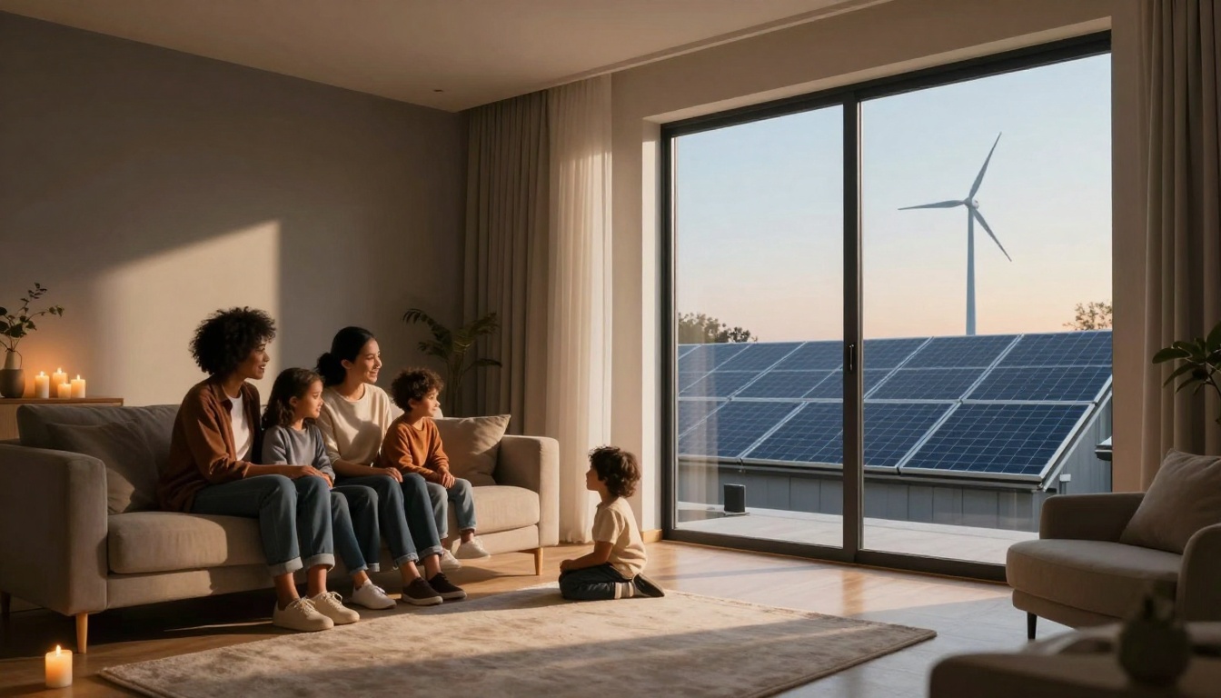 A family of five sits on a living room sofa, with a child seated on the floor. Sunlight streams through a large window, revealing solar panels and a wind turbine outside. Candles and a plant decorate the room, creating a warm ambiance.
