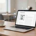 A laptop displaying a digital newspaper with a woman's photo on the screen sits on a wooden table next to a white coffee cup. The background shows a blurred office setting with chairs and tables.