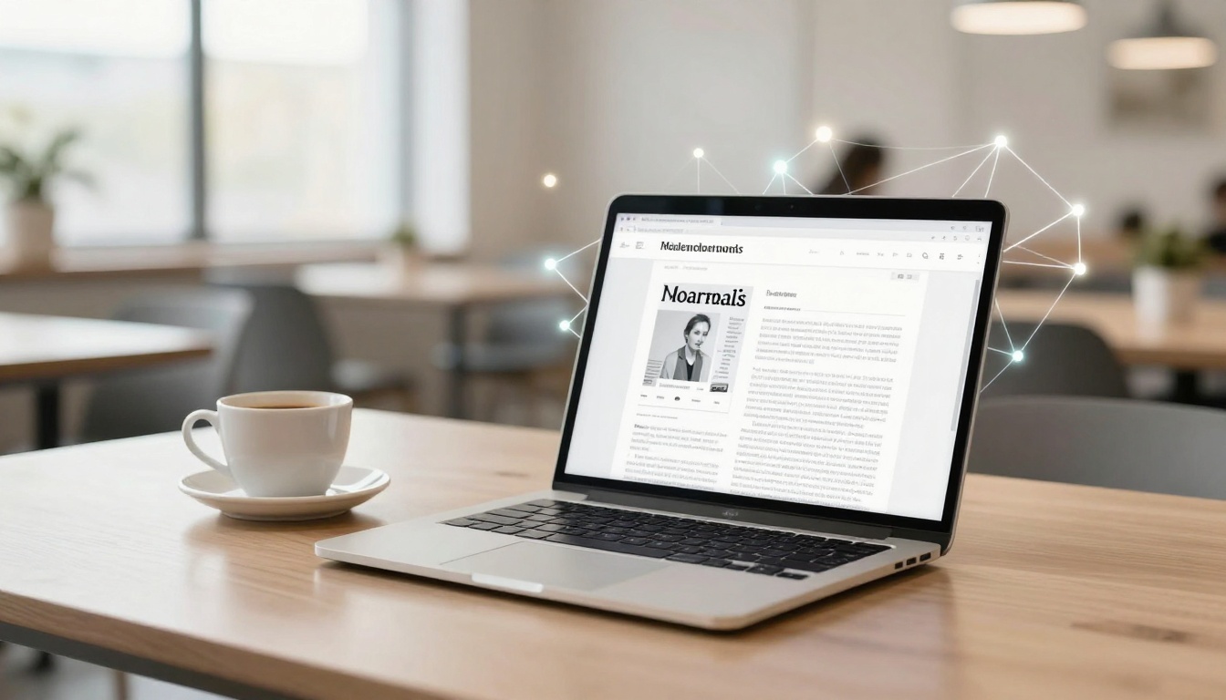 A laptop displaying a digital newspaper with a woman's photo on the screen sits on a wooden table next to a white coffee cup. The background shows a blurred office setting with chairs and tables.