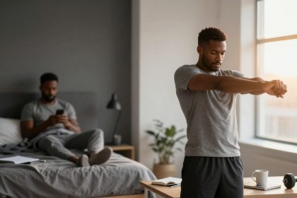 A man in a gray T-shirt stretches his arms in a bright room. Another man sits on a bed using a phone. A dumbbell and mug are on a table.