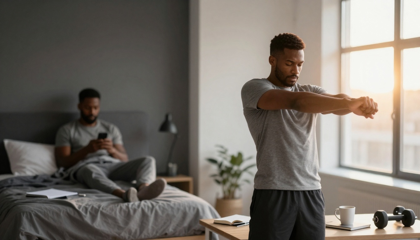 A man in a gray T-shirt stretches his arms in a bright room. Another man sits on a bed using a phone. A dumbbell and mug are on a table.