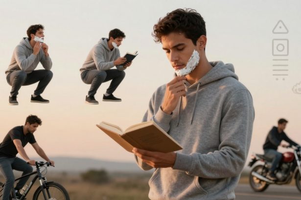 A man in a gray hoodie reads a book while applying shaving cream to his face. Multiple images of him squatting, reading, cycling, and riding a motorcycle appear in the background against a sunset sky.