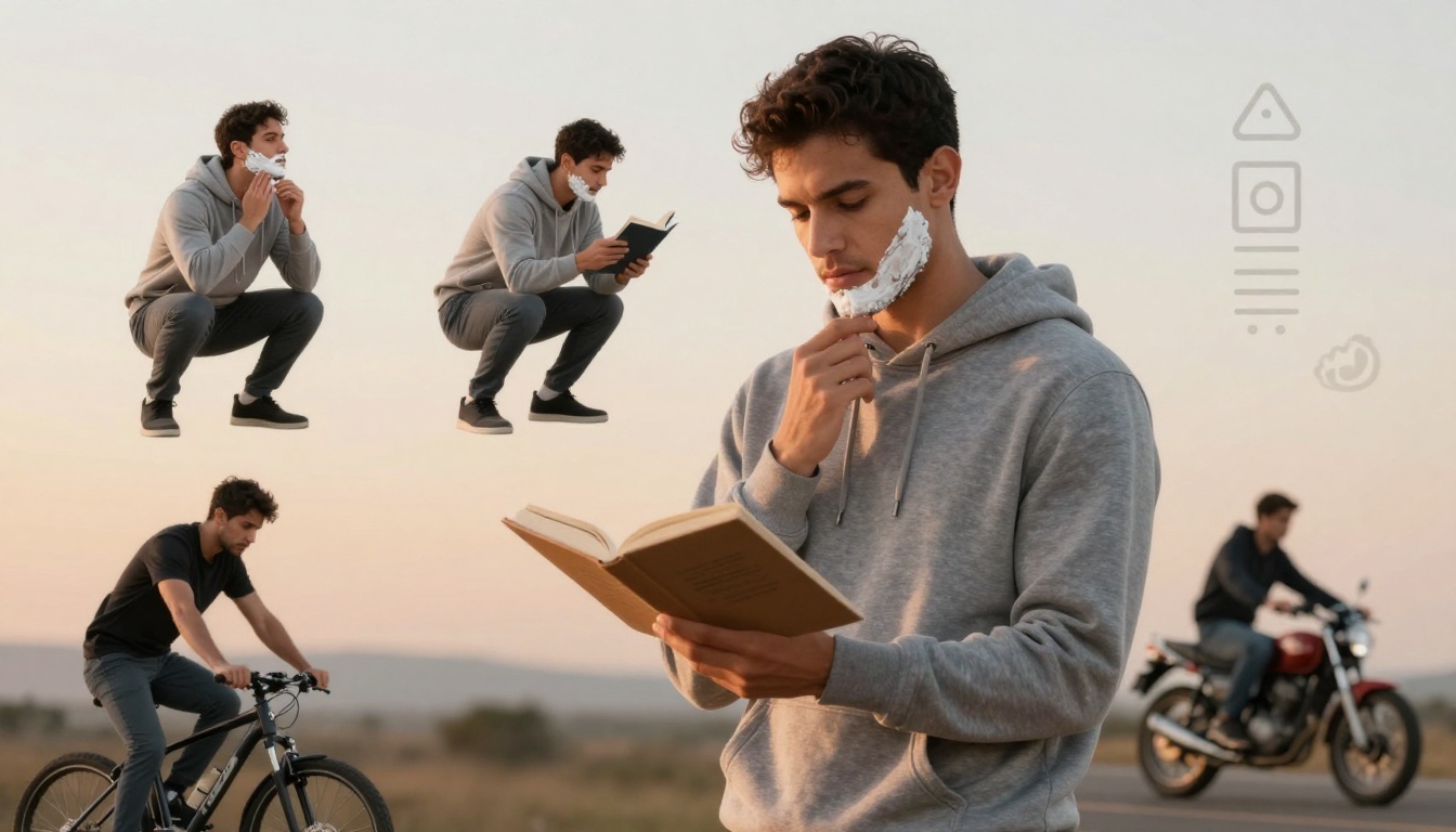 A man in a gray hoodie reads a book while applying shaving cream to his face. Multiple images of him squatting, reading, cycling, and riding a motorcycle appear in the background against a sunset sky.