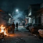 Dimly lit urban street at night with several parked cars. A fire burns on the left, and people walk down the street. Smoke fills the air while three people stand near a window on the right.