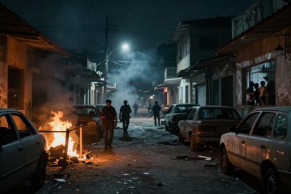 Dimly lit urban street at night with several parked cars. A fire burns on the left, and people walk down the street. Smoke fills the air while three people stand near a window on the right.