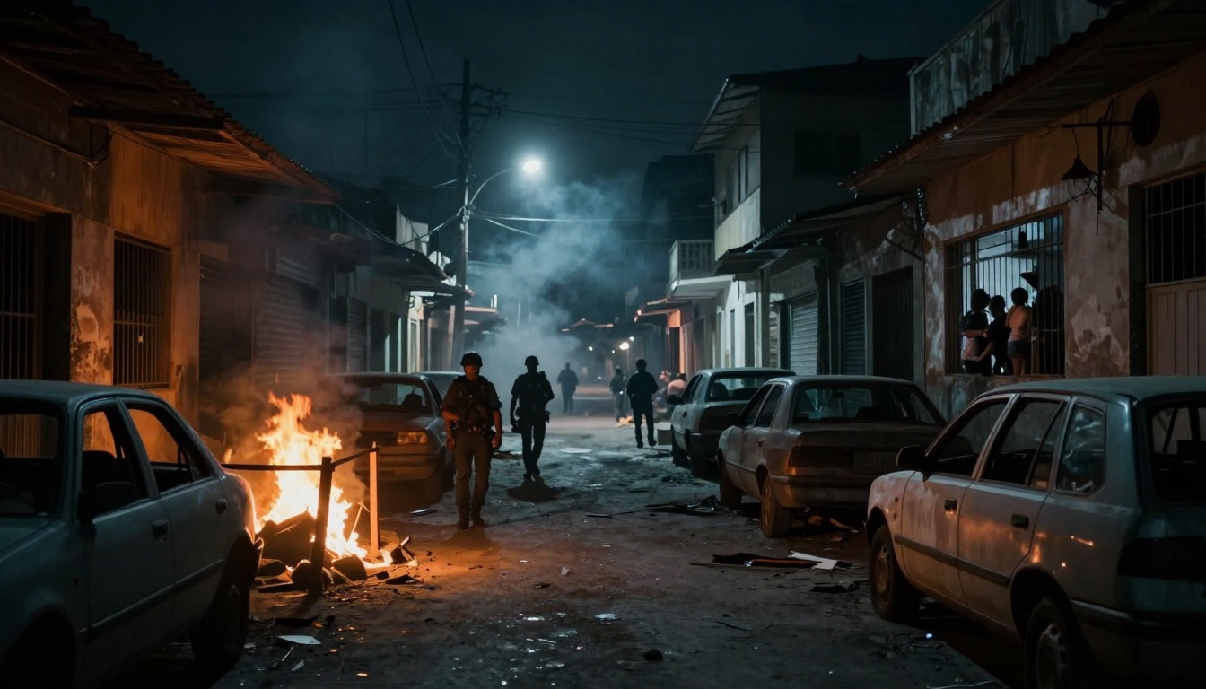 Dimly lit urban street at night with several parked cars. A fire burns on the left, and people walk down the street. Smoke fills the air while three people stand near a window on the right.
