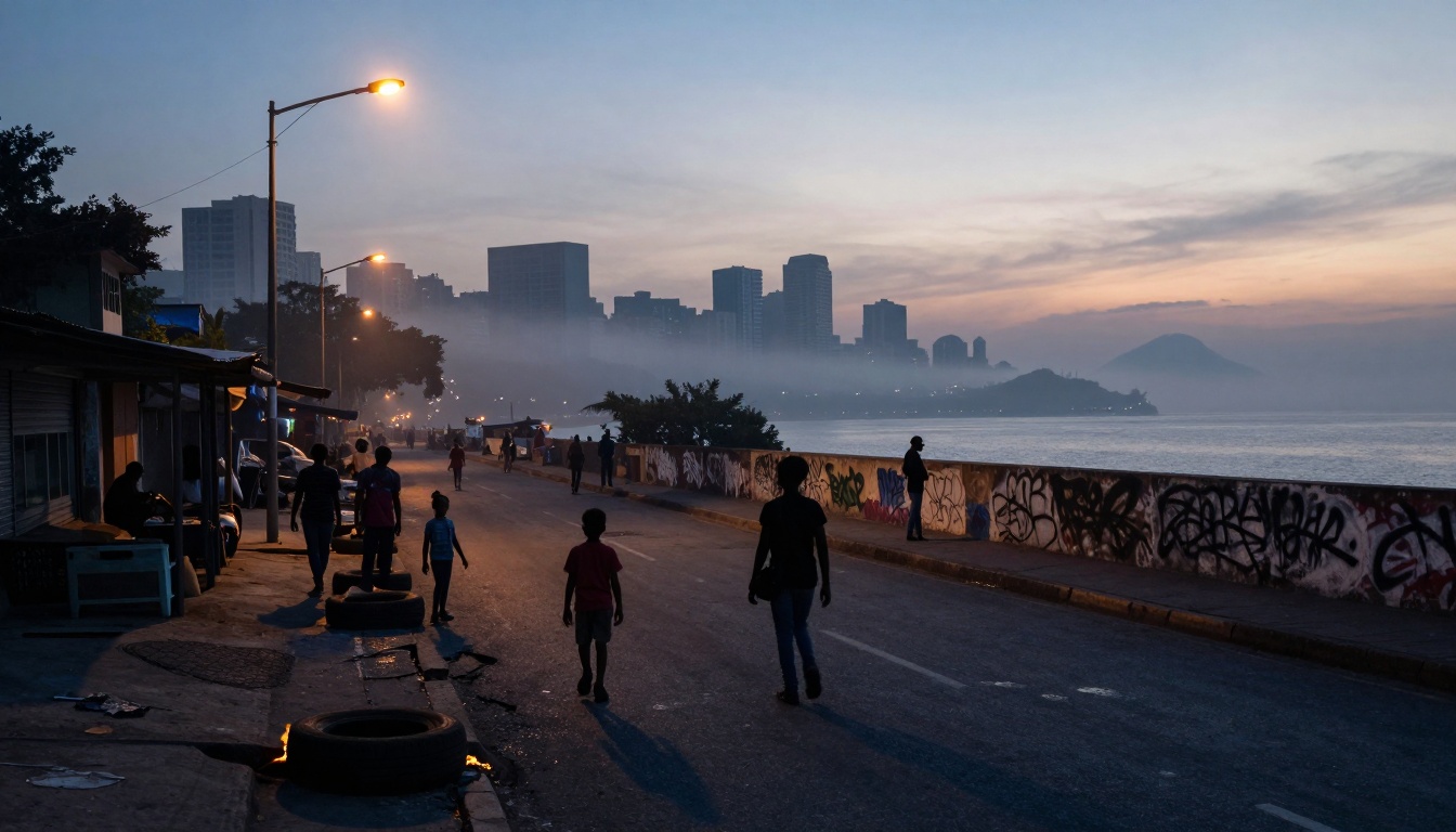People walk along a waterfront street at dusk, with silhouetted skyscrapers in the background. Streetlights illuminate the scene, and graffiti covers a low wall by the water. Smoke or fog partially obscures the distant buildings.