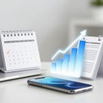 A desk with a laptop, a smartphone, and two small desk calendars. One calendar has a red checkmark on the 15th, and a holographic blue bar graph with an upward arrow appears between the calendars.