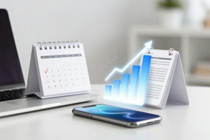 A desk with a laptop, a smartphone, and two small desk calendars. One calendar has a red checkmark on the 15th, and a holographic blue bar graph with an upward arrow appears between the calendars.