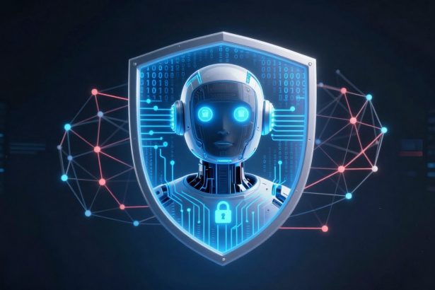 A digital illustration of a robot head with glowing blue eyes inside a shield. Binary code and circuit patterns are visible, with a padlock symbol on the chest. Red and blue network nodes surround the shield on a dark background.