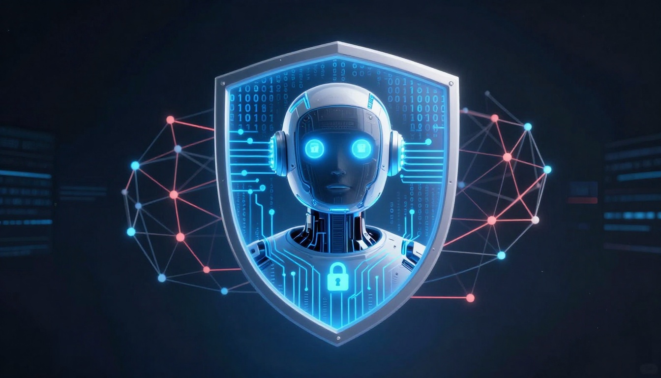 A digital illustration of a robot head with glowing blue eyes inside a shield. Binary code and circuit patterns are visible, with a padlock symbol on the chest. Red and blue network nodes surround the shield on a dark background.