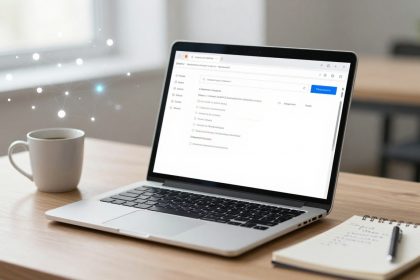 A laptop displaying a checklist interface sits on a wooden desk next to a white coffee cup and an open spiral notebook with handwritten notes.