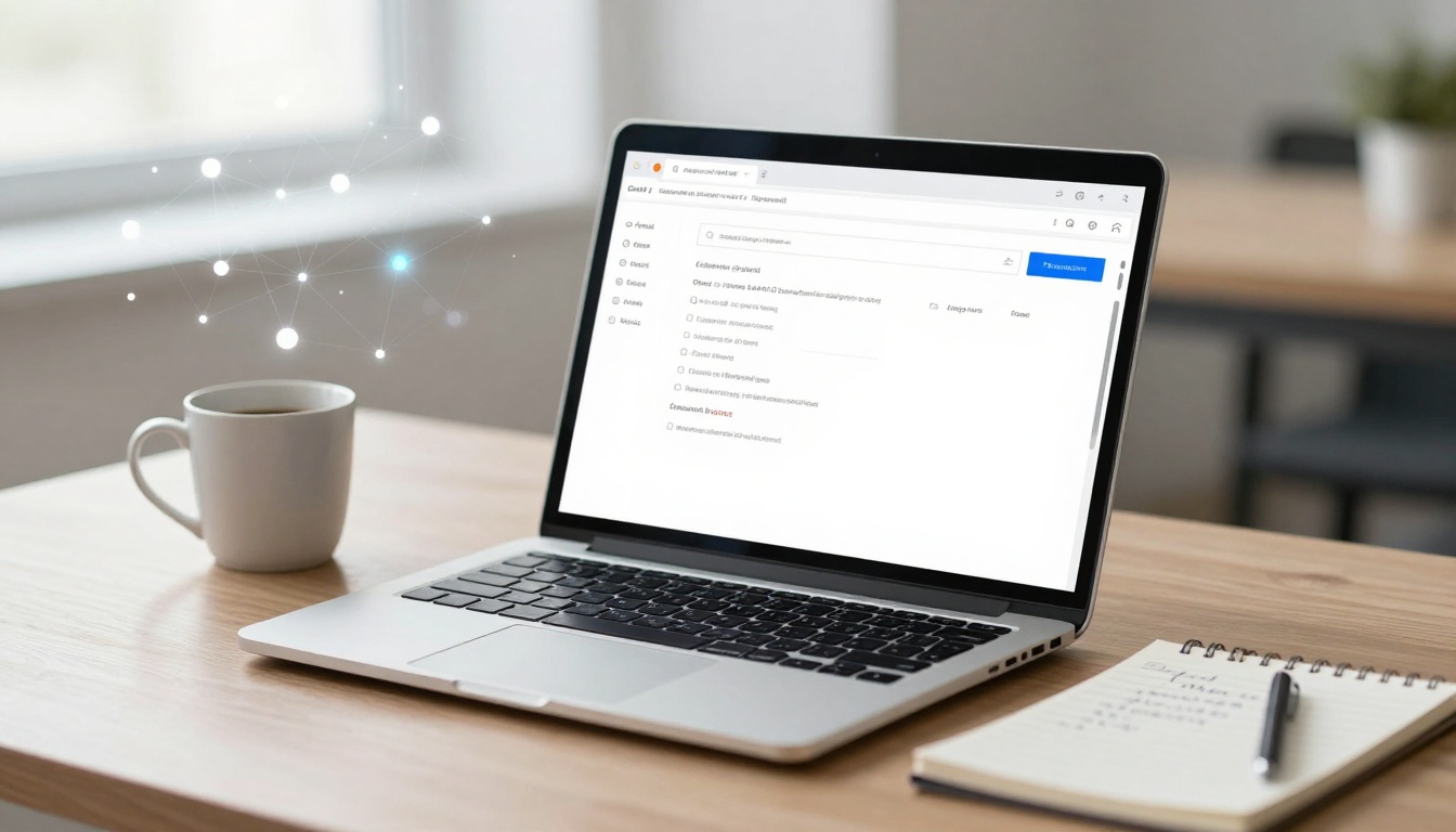 A laptop displaying a checklist interface sits on a wooden desk next to a white coffee cup and an open spiral notebook with handwritten notes.
