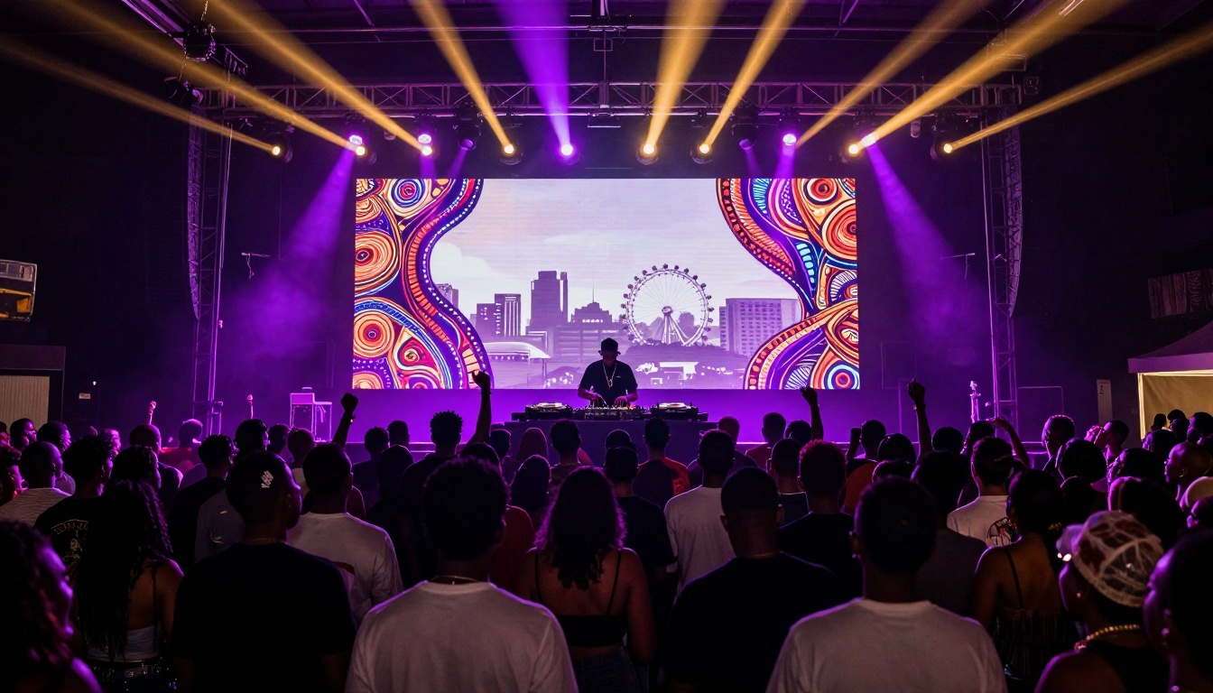 A DJ performs on stage with a vibrant digital backdrop featuring abstract patterns and a cityscape, including a Ferris wheel. The crowd in the foreground is silhouetted against purple and yellow stage lights.