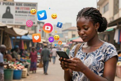 A woman in a patterned dress uses a smartphone in a busy market. Social media icons and emojis hover above the phone.