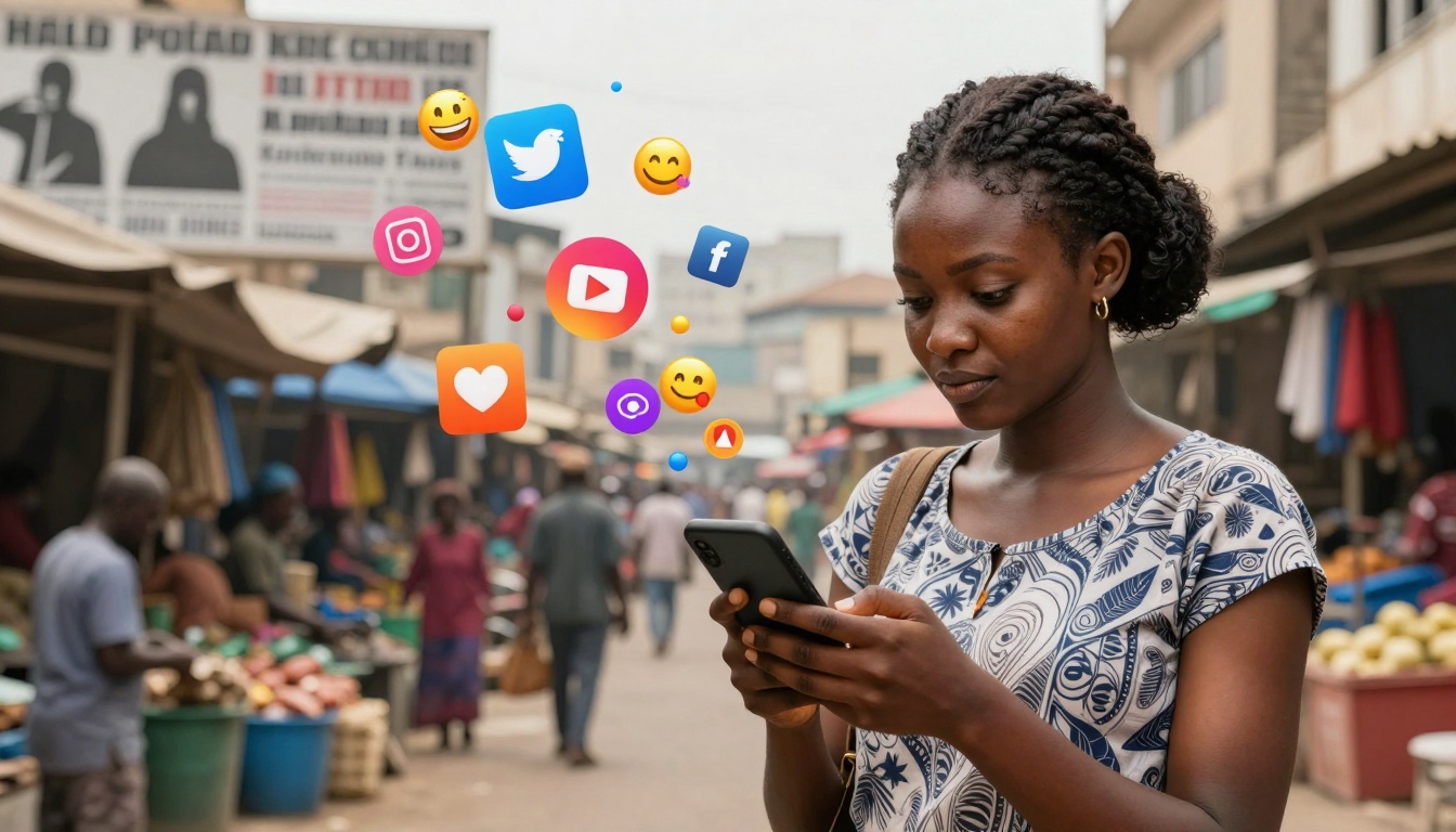 A woman in a patterned dress uses a smartphone in a busy market. Social media icons and emojis hover above the phone.