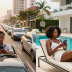 Split image: Left shows a person in a car using a phone in traffic, with buildings in the background. Right shows a person lounging by a pool, using a phone, with digital icons above.