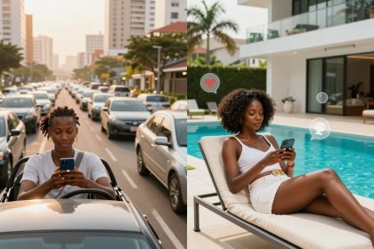 Split image: Left shows a person in a car using a phone in traffic, with buildings in the background. Right shows a person lounging by a pool, using a phone, with digital icons above.