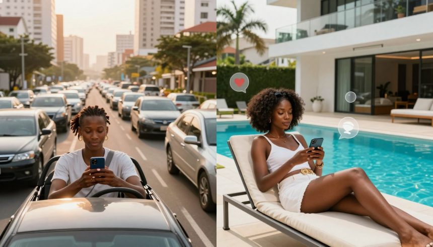 Split image: Left shows a person in a car using a phone in traffic, with buildings in the background. Right shows a person lounging by a pool, using a phone, with digital icons above.