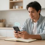 A person in a light blue shirt sits at a kitchen table, smiling at a smartphone. A stainless steel kettle and an open notebook are on the table.