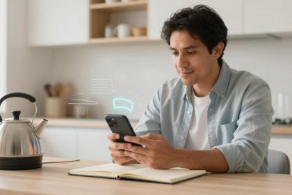 A person in a light blue shirt sits at a kitchen table, smiling at a smartphone. A stainless steel kettle and an open notebook are on the table.