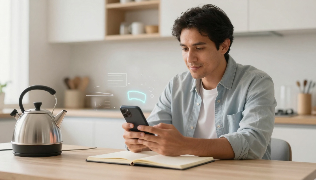 A person in a light blue shirt sits at a kitchen table, smiling at a smartphone. A stainless steel kettle and an open notebook are on the table.