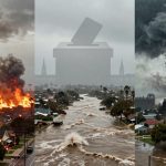 A triptych showing three different natural disasters: a massive fire with thick smoke engulfing houses, a flooded street with rapid water flow, and a tornado forming over the ocean near a coastal town. A faint silhouette of a ballot box overlays the scenes, suggesting a thematic link to voting or decision-making.