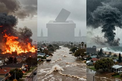 A triptych showing three different natural disasters: a massive fire with thick smoke engulfing houses, a flooded street with rapid water flow, and a tornado forming over the ocean near a coastal town. A faint silhouette of a ballot box overlays the scenes, suggesting a thematic link to voting or decision-making.