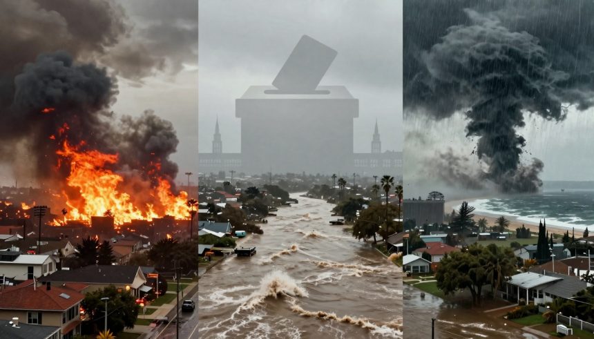 A triptych showing three different natural disasters: a massive fire with thick smoke engulfing houses, a flooded street with rapid water flow, and a tornado forming over the ocean near a coastal town. A faint silhouette of a ballot box overlays the scenes, suggesting a thematic link to voting or decision-making.