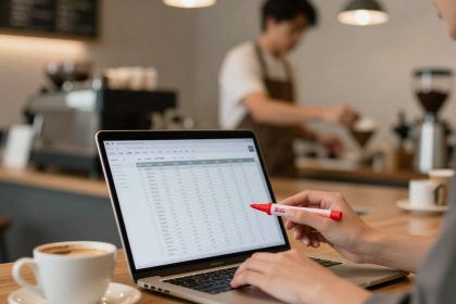 A person holds a red pen, pointing at a laptop displaying a spreadsheet in a cafe. A cup of coffee sits nearby. A barista works in the background.