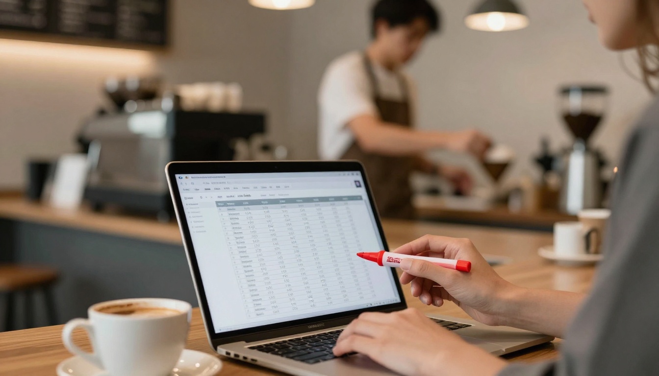 A person holds a red pen, pointing at a laptop displaying a spreadsheet in a cafe. A cup of coffee sits nearby. A barista works in the background.