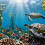 Underwater scene with two sea turtles swimming amidst vibrant coral reefs and colorful fish. Sunlight beams through clear blue water, illuminating tall seaweed.