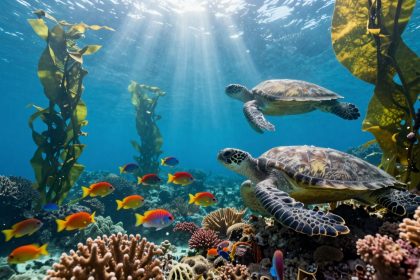 Underwater scene with two sea turtles swimming amidst vibrant coral reefs and colorful fish. Sunlight beams through clear blue water, illuminating tall seaweed.